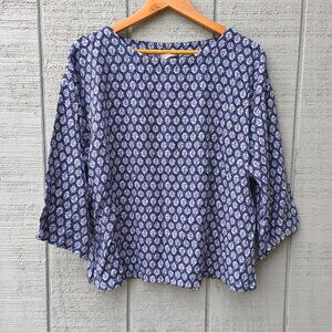 J Jill PureJill Cotton Textured Printed Boxy Tee sz MP Blue White Boho Lagenlook